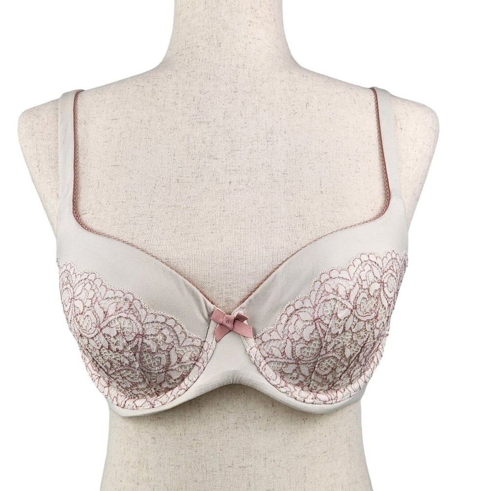 Victoria's Secret Underwire Bra 34D Pink White Lined Demi Lace Floral